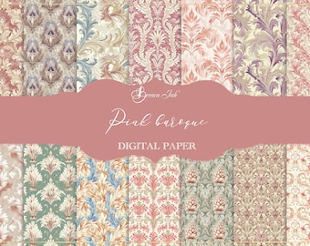 Roze barok digitaal papier, vintage patroon naadloos patroon, romantisch damastbehang, shabby chic achtergrond, Victoriaans plakboekpapier