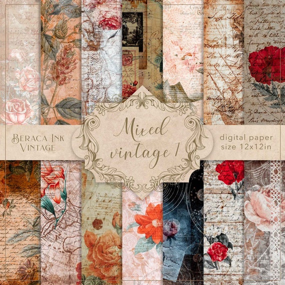 Mixed vintage digital paper 1, antique ephemera, botanical junk journal, floral scrapbook, old letters, antique maps, flower background
