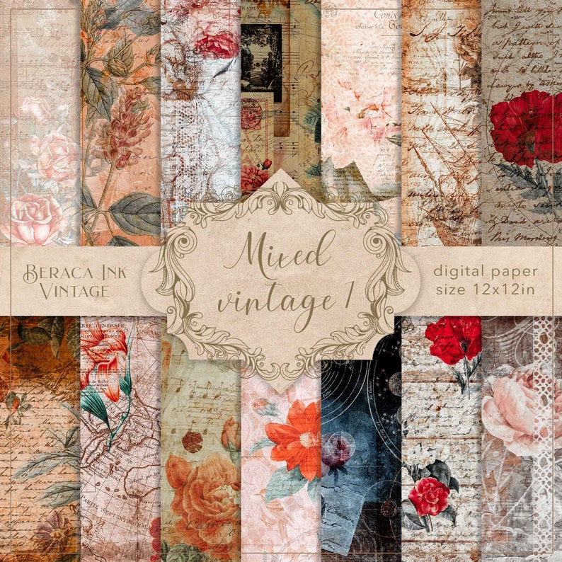 May include: A digital paper pack with 12 vintage style designs. The designs feature floral patterns, handwritten text, and maps. The paper pack is 12 inches by 12 inches.