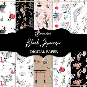 Papel digital japonés negro, patrón sin costuras, papel pintado chinoiserie, papel de pez koi rojo, patrón de tela asiática, fondo de bambú