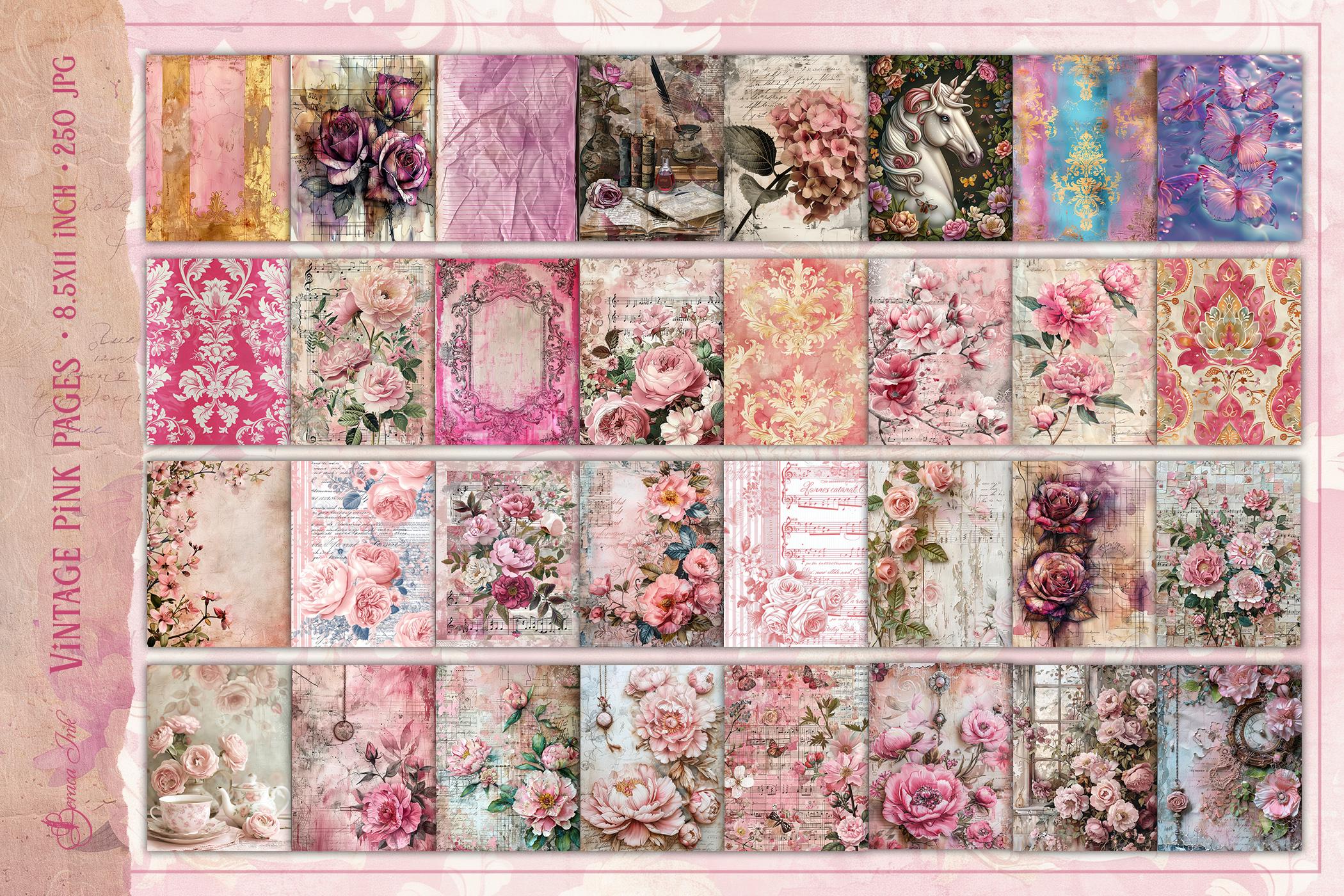 Vintage Pink Junk Journal Pages Bundle, Floral Digital Paper, Flower ...