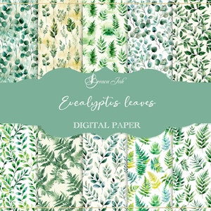 May include: A set of 12 digital papers featuring watercolor illustrations of eucalyptus leaves in various shades of green on a white background. The papers are perfect for crafting, scrapbooking, and other creative projects.