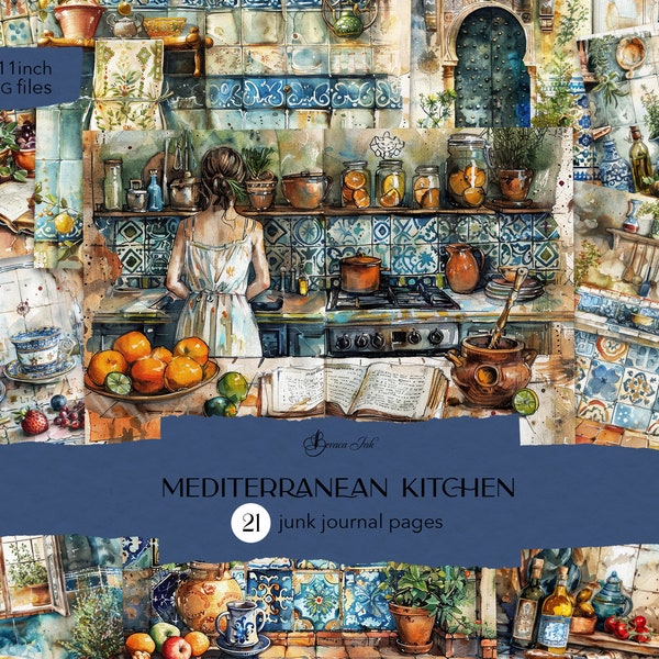 Páginas de revistas de cocina mediterránea, revista digital de azulejos españoles, álbum de recortes de recetas vintage, revista de comida italiana, revista de cocina griega