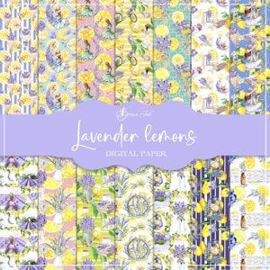 Papier numérique citrons lavande, motif transparent, citrons roses, toile de fond lavande, aquarelle citron, tissu violet, fond jaune