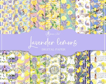 Papel digital de limões lavanda, padrão sem costura, limões rosa, pano de fundo lavanda, limão aquarela, design de tecido roxo, fundo amarelo
