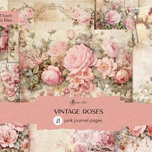 Pagine di diario con rose vintage, pagine digitali stampabili, collage floreale rosa, album vintage, giardino di rose vittoriano, confezione di carta rosa