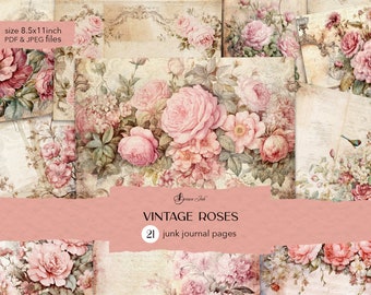 May include: A collage of 21 digital printable pages featuring vintage illustrations of pink roses. The pages are designed for use in junk journals and other paper crafts. The text "Vintage Roses" and "21 junk journal pages" is included in the image.