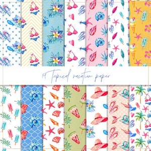 Tropical vacation digital paper, seamless pattern, bikini paper, hibiscus flower, palm tree, beach background, nautical theme, ice cream