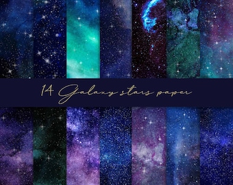 Galaxy stars digital paper, space background, watercolor galaxy, cosmic paper, night sky stars, planets paper, planner paper, stardust paper