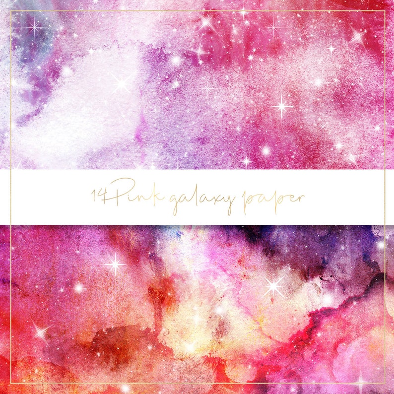 May include: Pink and purple watercolor galaxy background with white stars. 14 Pink galaxy paper.