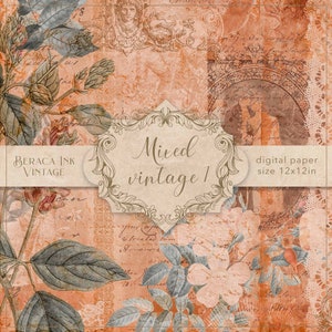 May include: A digital paper background with a vintage aesthetic. The paper features a mix of floral patterns, handwritten text, and ornate frames. The text "Mixed vintage 1" is displayed in a decorative frame. The paper is 12 inches by 12 inches.