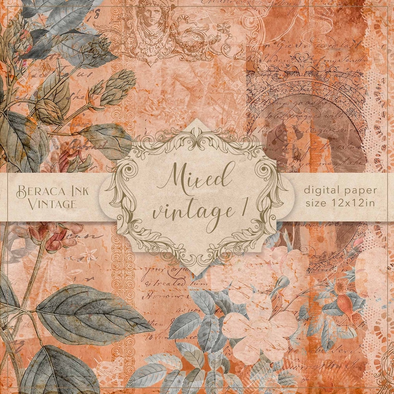 May include: A digital paper background with a vintage aesthetic. The paper features a mix of floral patterns, handwritten text, and ornate frames. The text "Mixed vintage 1" is displayed in a decorative frame. The paper is 12 inches by 12 inches.