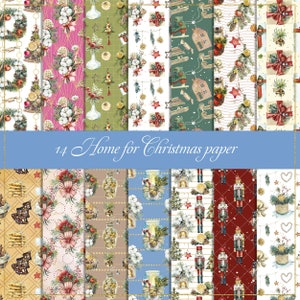 Könnte beinhalten: Eine Sammlung von 14 Papieren mit Weihnachtsmotiven. Die Papiere zeigen verschiedene Designs, darunter Blumenarrangements, Ornamente und festliche Motive. Der Text "14 Home for Christmas paper" wird auf einem blauen Banner angezeigt.
