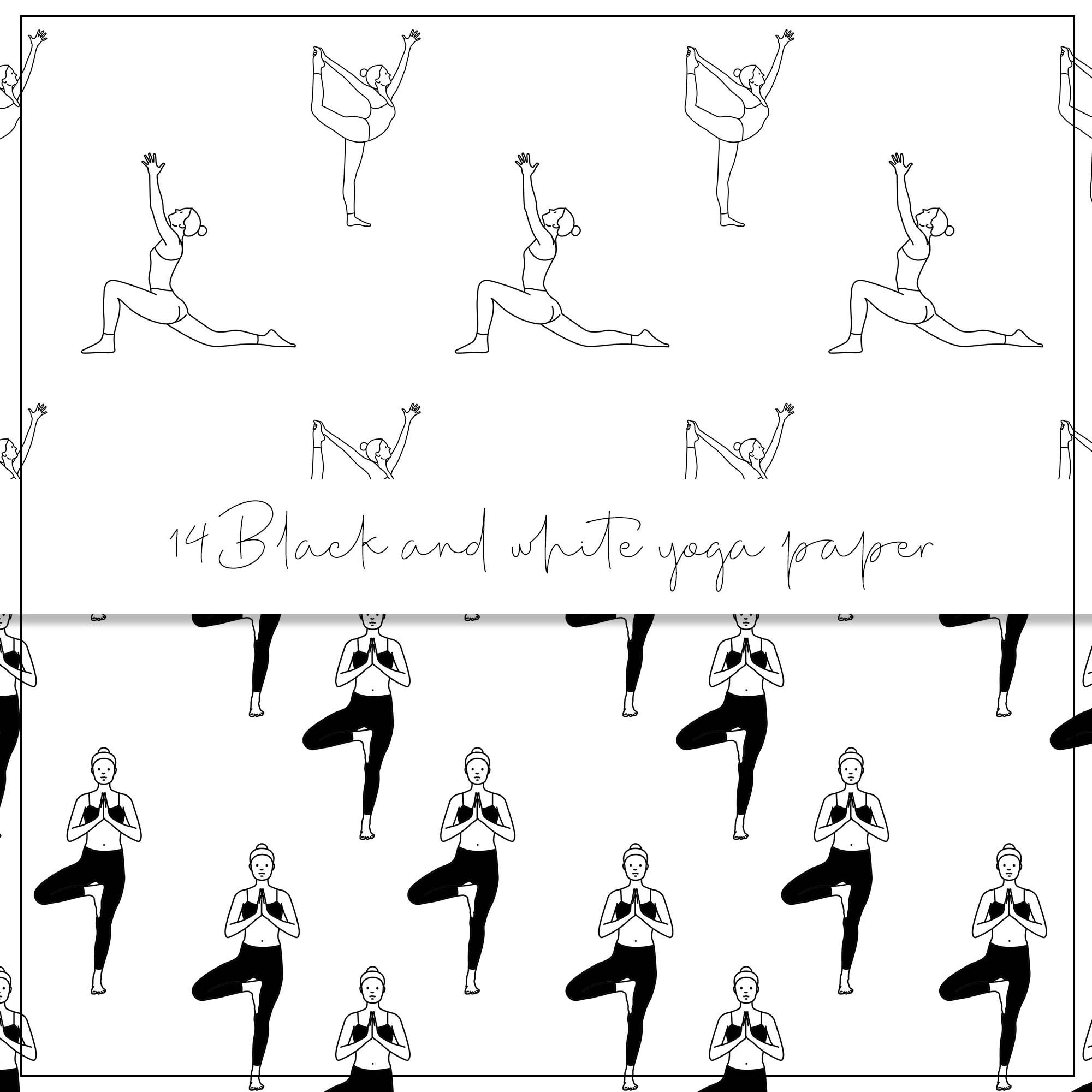 Yoga Routine On Paper Black and White Yoga Digital Paper, Yoga Seamless Pattern, Fitness ...