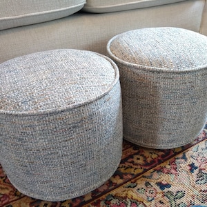 Small Round Footstool Pouffe Cover, 12&quot;D x 10&quot;H, Pouf Ottoman, Blue Textured Footrest with Handle made in Stain Resistant Fabric
