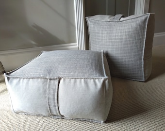 Square Pouf Ottoman - Durable Stain Resistant Textured Gray Pouf Footstool filled with Spelt Husk made in Crypton Fabric