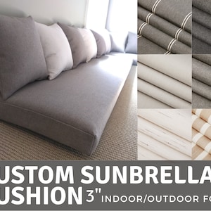May include: Custom Sunbrella cushion with 3" indoor/outdoor foam. The cushion is gray and has a textured fabric. The image shows a variety of fabric swatches in different colors and patterns.