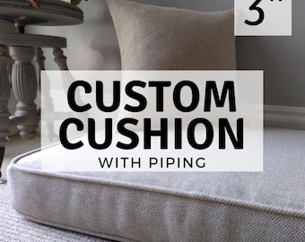 Cushion with Piping 3&quot; Foam - Cording, Bench, Indoors, Stain Resistant Fabric, Window Seat, Banquette, Mudroom, Ikea Kallax, Nook, Crypton