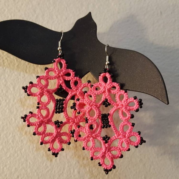 Hot Pink Tatted Lace Earrings with black glass beads - punk - classic - 80s - chic - large - chandelier - lightweight