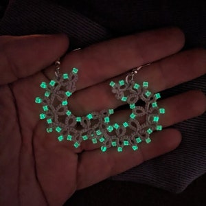 Grey Moon with Glow in the Dark Beads - tatted lace earrings - punk - classic - 80s - chic - large - witch - rave - lightweight