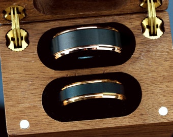 Conjunto de alianzas de boda de tungsteno para él y para ella, 8 mm, 6 mm, bordes en tono oro negro y rosa, anillo de carburo de tungsteno, anillo de promesa para pareja, caja de madera