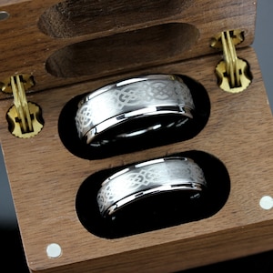 His And Hers Tungsten Wedding Band Set,Men & Women,9mm,7mm,Irish Celtic Knot Pattern,Tungsten Carbide Ring, Promise Ring, Wood Box