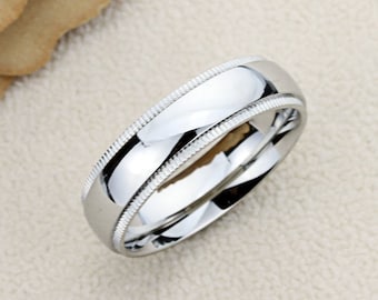 Stainless Steel Wedding Band Men Women, 6mm Milgrain Edges Domed Classy, Stainless steel Promise Ring Men Women, Stainless Steel Band Ring