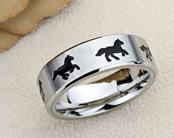 Stainless Steel Wedding Band Men Women, Galloping Horse Band, Stainless steel Promise Ring Men Women, Stainless Steel Band Ring