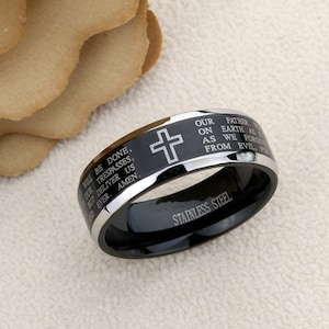 Stainless Steel Wedding Band Men Women, 8mm Lord&#39;s Prayer with Cross Praying, Stainless steel Promise Ring Men Women, Stainless Steel Band