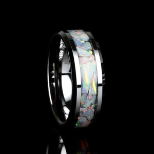 Crushed White Fire Opal Inlay 8mm Tungsten Wedding Band Men, White Ceramic Wedding Band For Men For Women, Fire Opal Ring, Promise Gift