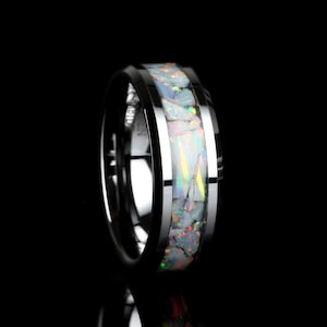 Alliance tungstène 8 mm incrustée d'opale de feu blanche pour homme, alliance en céramique blanche pour homme pour femme, bague opale de feu, cadeau promesse