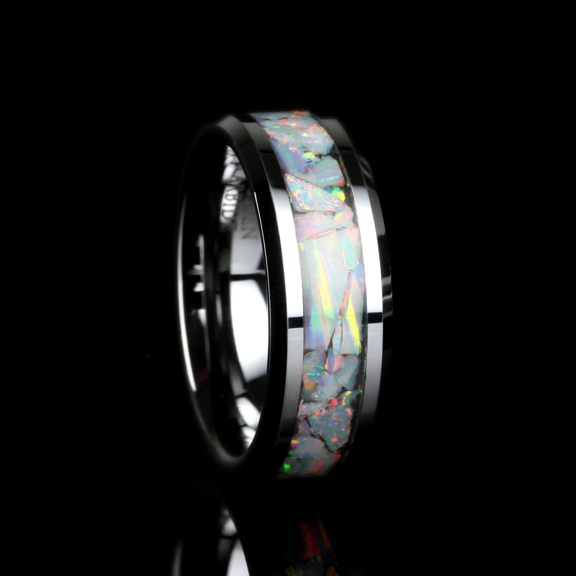 Crushed White Fire Opal Inlay 8mm Tungsten Wedding Band Men White Ceramic Wedding Band For Men For Women Fire Opal Ring Promise Gift