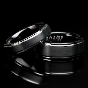 His And Hers Tungsten Wedding Band Set,Men & Women,8mm,6mm,Matte Black Top,Black Tungsten Carbide Ring, His And Hers Promise Ring Set