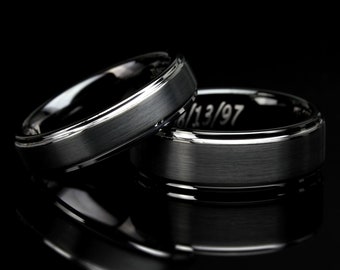 Conjunto de alianzas de boda de tungsteno para él y para ella, hombres y mujeres, 8 mm, 6 mm, parte superior negra mate, anillo de carburo de tungsteno negro, anillo de promesa para pareja