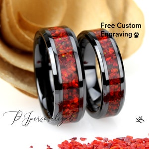 His And Hers Black Ceramic Wedding Band Set, Red Fire Opal Inlay Ceramic Ring For Men & Women, 8mm, 6mm,Promise Ring For Couple