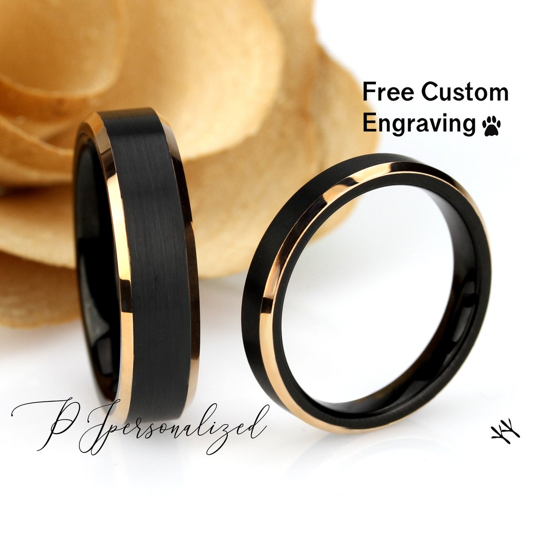 His and Hers Tungsten Wedding Band Set 6mm 4mm black amp Rose Gold Tone 