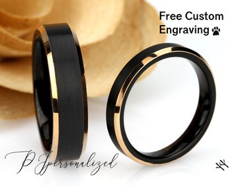 Conjunto de alianzas de boda de tungsteno para él y para ella, 6 mm/4 mm, bordes en tono oro negro y rosa, anillo de carburo de tungsteno, anillo de promesa para pareja, regalo de pareja