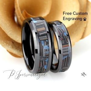 Seine und Ihre schwarze Keramik Ehering Set, Fordite Inlay Keramikring für Männer & Frauen, 8 mm, 6 mm, Versprechen Ring für Paar, Glow Ring