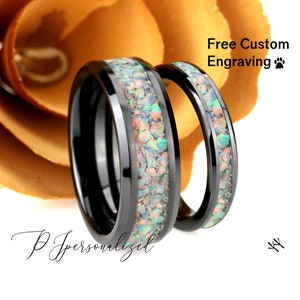 Seine und Ihre schwarze Keramik Ehering Set, weiße Feueropal Inlay Keramikring für Männer und Frauen, 8 mm / 4 mm, Versprechen Ring für Paar