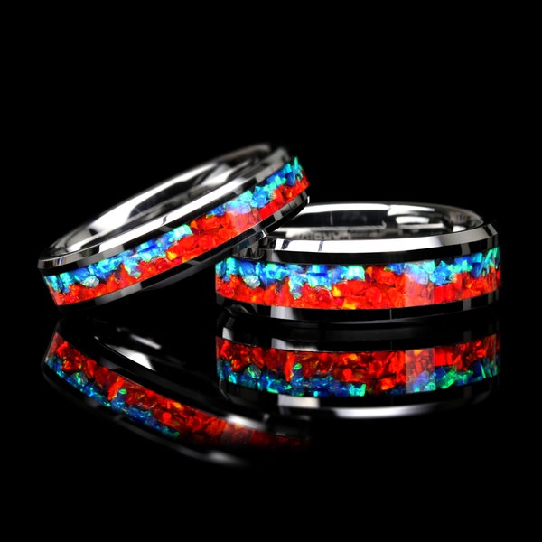 Wolframring: Roter & Blauer Feueropal Inlay, Versprechensring