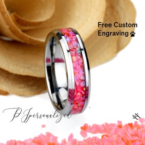 Crushed Pink Fire Opal Tungsten Wedding Band, Black Ceramic Ring
