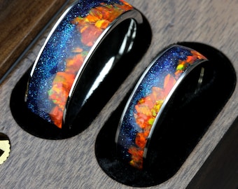 Carina Nebula Galaxy Ring, His & Hers Fire Opal Wedding Band Set 8mm 6mm, Opal Ring Set, Mountain Pattern Night Sky Starry Ring, Cosmic Ring