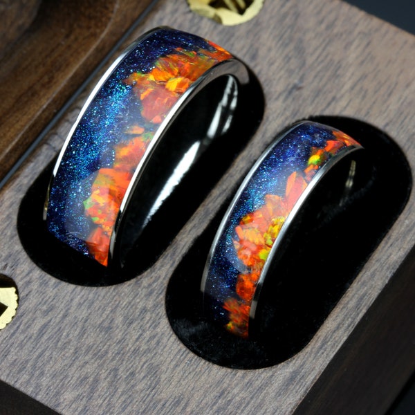 Carina Nebula Galaxy Ring, His & Hers Fire Opal Wedding Band Set 8mm 6mm, Opal Ring Set, Mountain Pattern Night Sky Starry Ring, Cosmic Ring