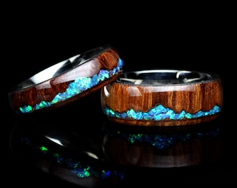 Fire Opal Wedding Band Set His And Hers, Ocean Blue Opal Inlay, Mountain Pattern Natural Solid Wood Ring, His And Hers Wedding Ring Set