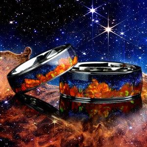 Carina Nebula Galaxy Ring, His Or Hers Fire Opal Wedding Band 8mm/6mm, Fire Opal Ring, Mountain Pattern Night Sky Starry Ring, Cosmic Ring