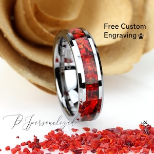 Crushed Red Fire Opal Tungsten Wedding Band, Black Ceramic Ring for Women