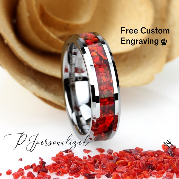 Crushed Red Feueropal Wolframring, Keramikring für Frauen