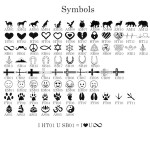 Pode incluir: Um gr&aacute;fico preto e branco com uma variedade de s&iacute;mbolos, incluindo animais, cora&ccedil;&otilde;es, sinais de infinito, cruzes e outros desenhos. O texto "Symbols" est&aacute; no topo do gr&aacute;fico. O texto "I HT01 U SB01 = I U &infin;" est&aacute; na parte inferior do gr&aacute;fico.