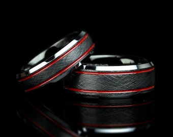 Aliança de casamento de tungstênio preto: anel texturizado com linhas vermelhas, anel de noivado de 6 mm/8 mm, anel de aniversário