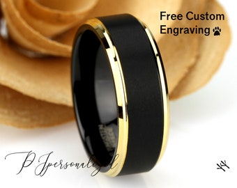 Tungsten Ring, Men's Tungsten Wedding Band, Men's Black Wedding Band, Black Tungsten Ring, Tungsten Band, Anniversary Ring, 8mm Gold Ring